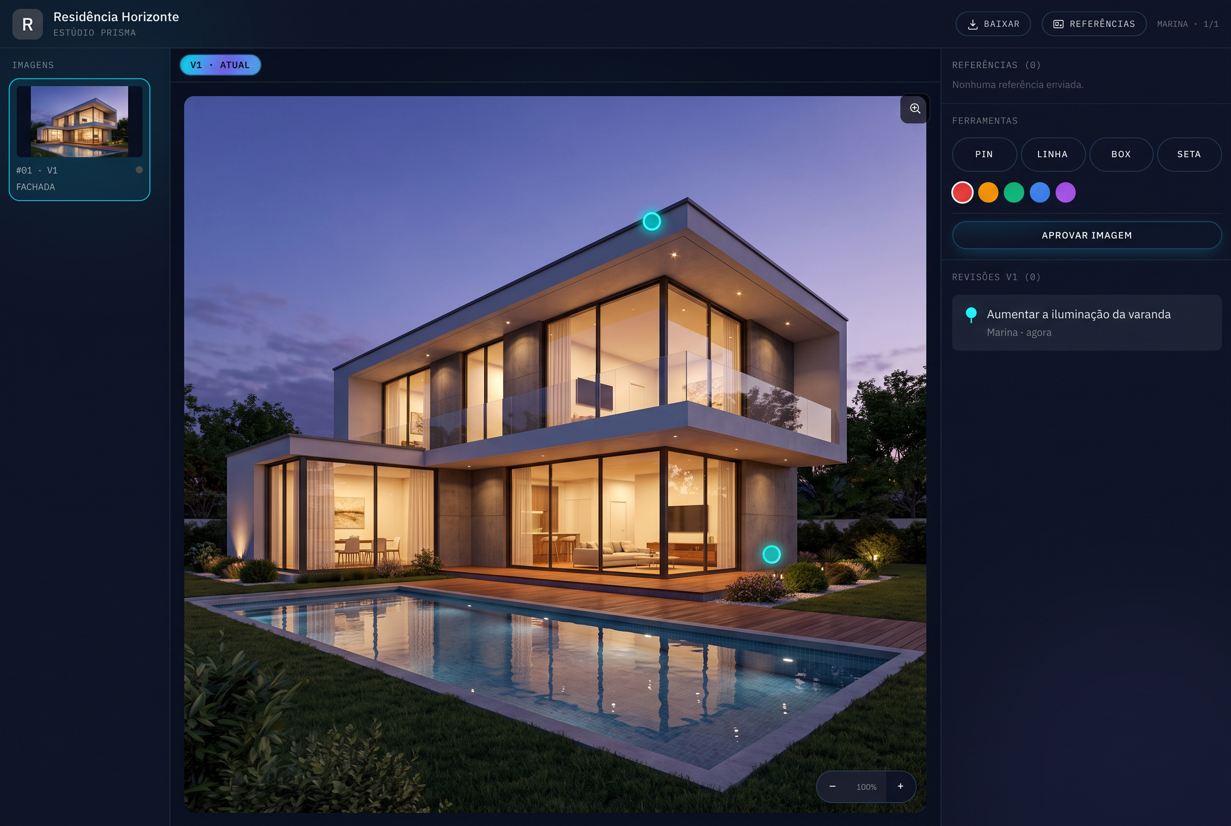 Tela de revisão do Revizup com pins de comentários sobre um render de casa moderna